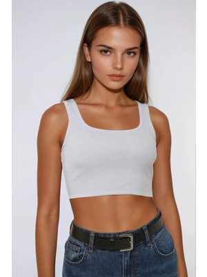 Hiccup Kadın Basic Bisiklet Yaka Crop Üst Beyaz