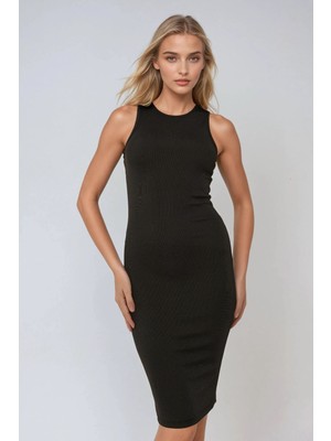 Hiccup Kadınlar Halter Yaka Fitilli Mini Bodycon Örme Elbise Siyah