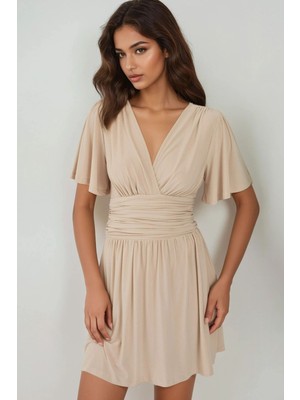 Hiccup Kadın V Yaka Kısa Kol Büzgülü Mini Elbise Krem Doğal