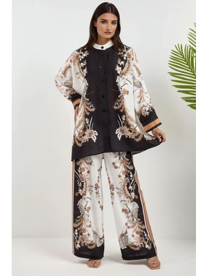 Hiccup Kadın Çiçekli Tippet Yaka Yüksek Bel İki Parçalı Takım Siyah