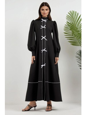 Hiccup Kadın Yarım Balıkçı Yakalı Renk Bloklu Uzun Elbise Siyah