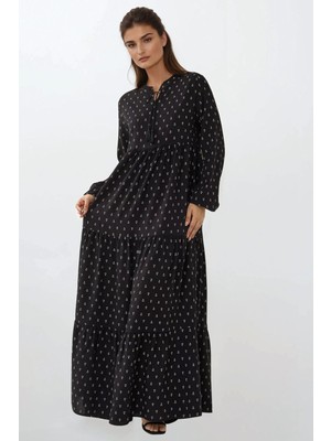 Hiccup Kadın Baskılı Uzun Kol Viskon Modest Elbise Siyah