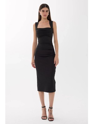 Hiccup Kadın Kare Yaka Bodycon Midi Elbise Siyah