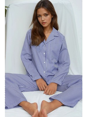 Hiccup Kadın Çizgili Pamuklu Pijama Takımı Bebek Mavisi