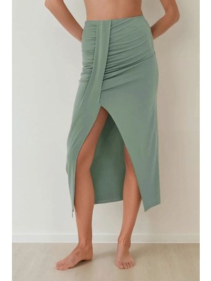 Hiccup Kadınlar Drapeli Yüksek Bel Bodycon Sandy Maxi Etek Haki Yeşil