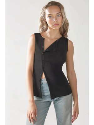 Hiccup Kadın Düğmeli Vücuda Oturan Asimetrik Fitilli Üst Siyah
