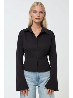 Hiccup Kadın Fitted Uzun Kollu Pamuklu Gömlek Siyah