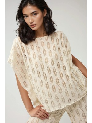 Hiccup Kadın Kayık Yaka Desenli Üst Pika Koleksiyonu Fildişi Doğal