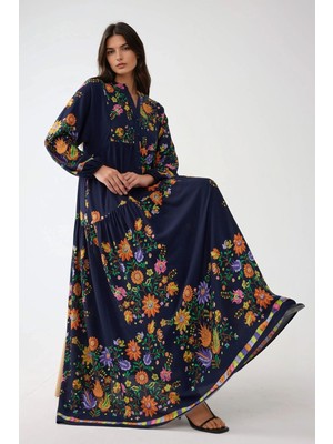 Hiccup Kadınlar Düğme Detaylı Baskılı V Yaka Modest Elbise Lacivert