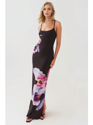 Hiccup Kadın Askılı Çiçek Desenli Bodycon Uzun Elbise Siyah