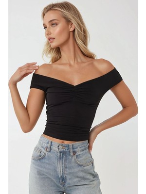 Hiccup Kadınlar Omzu Açık Slim Fit Sandy Örme Üst Siyah