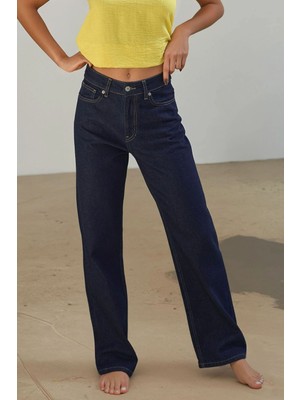 Hiccup Kadınlar Straight Fit Jeans Koyu Mavi Denim Pamuk Yüksek Bel Düz Paça