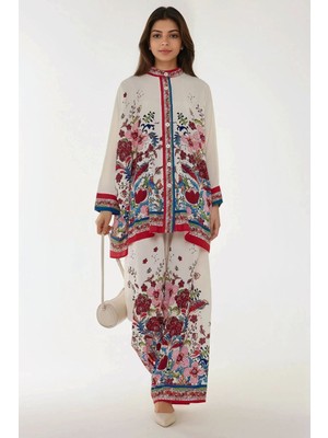 Hiccup Kadın Baskıllı Yüksek Bel Kimono ve Pantolon İkili Modest Takım Beyaz