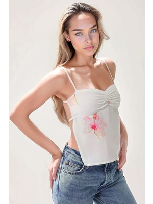 Hiccup Kadın Kalp Yaka Baskılı Sırt Detaylı Askılı Bluz Beyaz