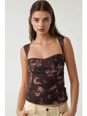 Hiccup Kadın Kalp Yaka Arkası Gipeli Askılı Tül Bluz Mocha Kahvesi