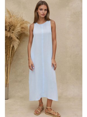 Hiccup Kadın Yırtmaçlı Dokulu Pamuklu Midi Plaj Elbisesi Maya Mavisi