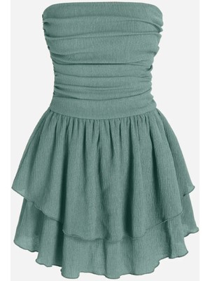 Hiccup Kadın Straplez Fırfırlı Arkası Gipeli Mini Elbise Nane Yeşili
