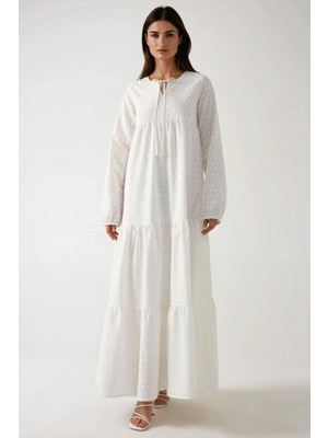 Hiccup Kadın Brode Uzun Kollu Modest Elbise Beyaz