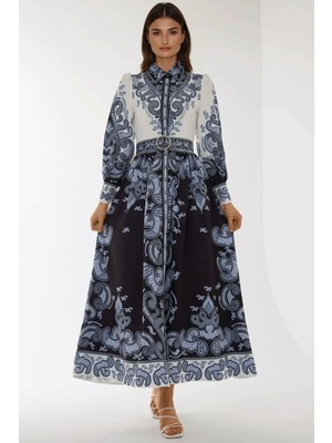 Hiccup Kadın Baskılı Uzun Kol Kemerli Modest Elbise Lacivert