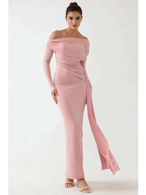Hiccup Kadın Asimetrik Yaka Vücuda Oturan Maxi Elbise Toz Pembe