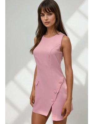 Hiccup Kadınlar Düğmeli Fitted Bisiklet Yaka Mini Elbise Toz Pembe