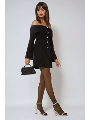 Hiccup Kadın İnci Düğme Detaylı Omzu Açık Flare Mini Elbise Siyah