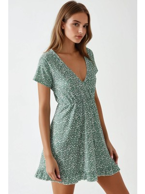 Hiccup Kadın Mini V Yaka Ditsy Çiçekli Elbise Busem Collection Nane Yeşili