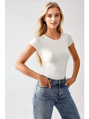 Hiccup Kadınlar Dar Kesim Dikey Yaka Örme Bodysuit Beyaz