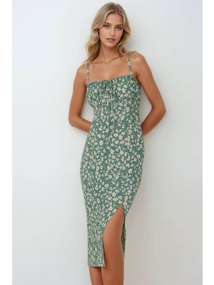 Hiccup Kadın Yırtmaç Detaylı Çiçek Desenli Bodycon Midi Elbise Yeşil
