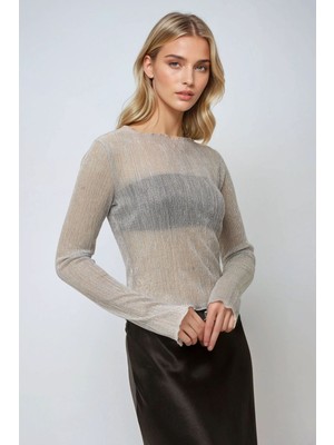 Hiccup Kadın Simli Bisiklet Yaka Fitilli Bluz Gümüş Gri