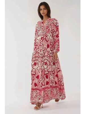 Hiccup Kadın Baskılı Uzun Kol Viskon Modest Elbise Kırmızı