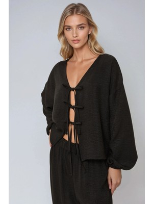 Hiccup Kadın Rahat Kesim Fiyonk Bağlama Detaylı Üst Mavi