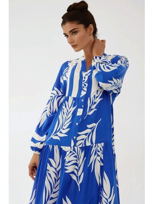 Hiccup Kadın Baskılı Uzun Kol Viskon Modest Elbise Fas Mavisi