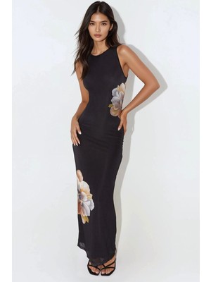 Hiccup Kadınlar Çiçek Desenli Bisiklet Yaka Bodycon Uzun Elbise Siyah