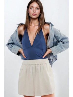 Hiccup Kadın Dar V Yaka Boyundan Bağlı Sandy Örme Üst Oxford Mavisi