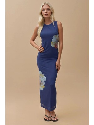 Hiccup Kadınlar Çiçek Desenli Bisiklet Yaka Bodycon Uzun Elbise Lacivert