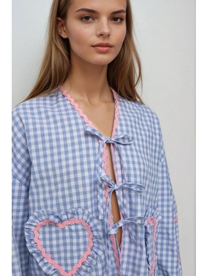 Hiccup Kadın Kalp Nakışlı Uzun Kollu Kareli Gömlek Mavi