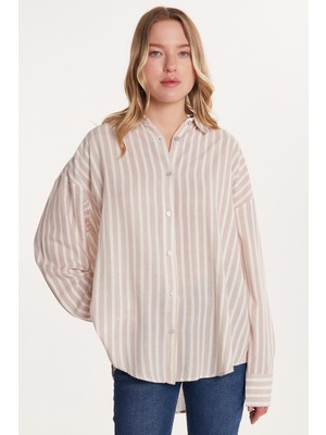 Kadın Relax Fit Rahat Kesim Uzun Kollu Çizgili Keten Gömlek