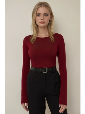 Hiccup Kadın Kayık Yaka Uzun Kollu Slim Fit Top Bordo Kırmızı