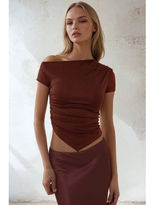 Hiccup Kadın Soft Touch Drape Detaylı Asimetrik Üst Kestane Kahvesi