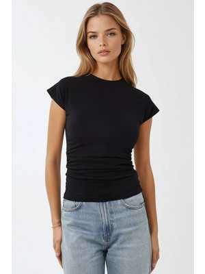 Hiccup Kadınlar Slim Fit Kısa Kollu Bisiklet Yaka Tişört Siyah