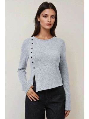 Hiccup Kadınlar Önü Düğmeli Uzun Kollu Slim Fit Üst Gri