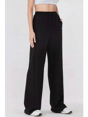 Hiccup Kadın Wide Leg Beli Lastikli Örme Eşofman Altı Siyah
