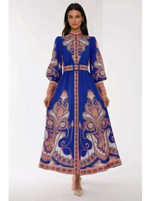 Hiccup Kadın Baskılı Uzun Kol Kemerli Modest Elbise Fas Mavisi