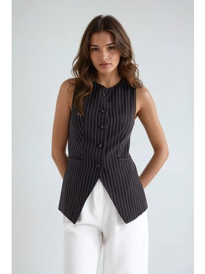 Hiccup Kadın Çizgili Bisiklet Yaka Yelek Siyah