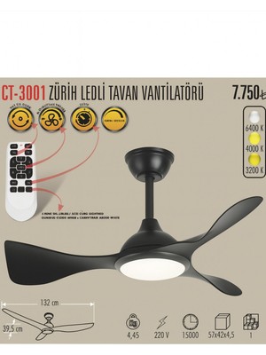 ekim aydınlatma CATA CT3001 Ledli ve Sessiz Tavan Vantilatörü SİYAH
