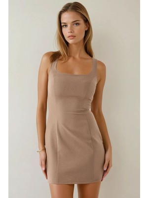 Hiccup Kadın Dokulu Kare Yaka Bodycon Mini Elbise Bej Doğal