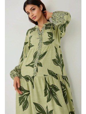 Hiccup Kadınlar Baskılı Uzun Kol Viskon Modest Elbise Sacramento Yeşili
