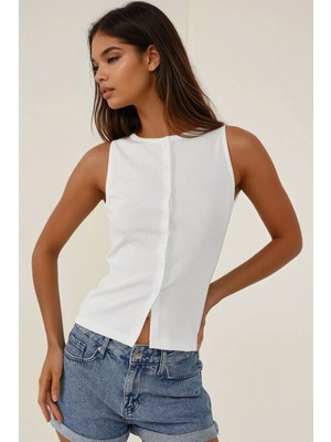 Hiccup Kadın Düğmeli Fitted Bisiklet Yaka Örme Üst Beyaz