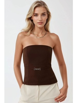 Hiccup Kadın Straplez İnce Kemer Detaylı Dokuma Üst Kahverengi